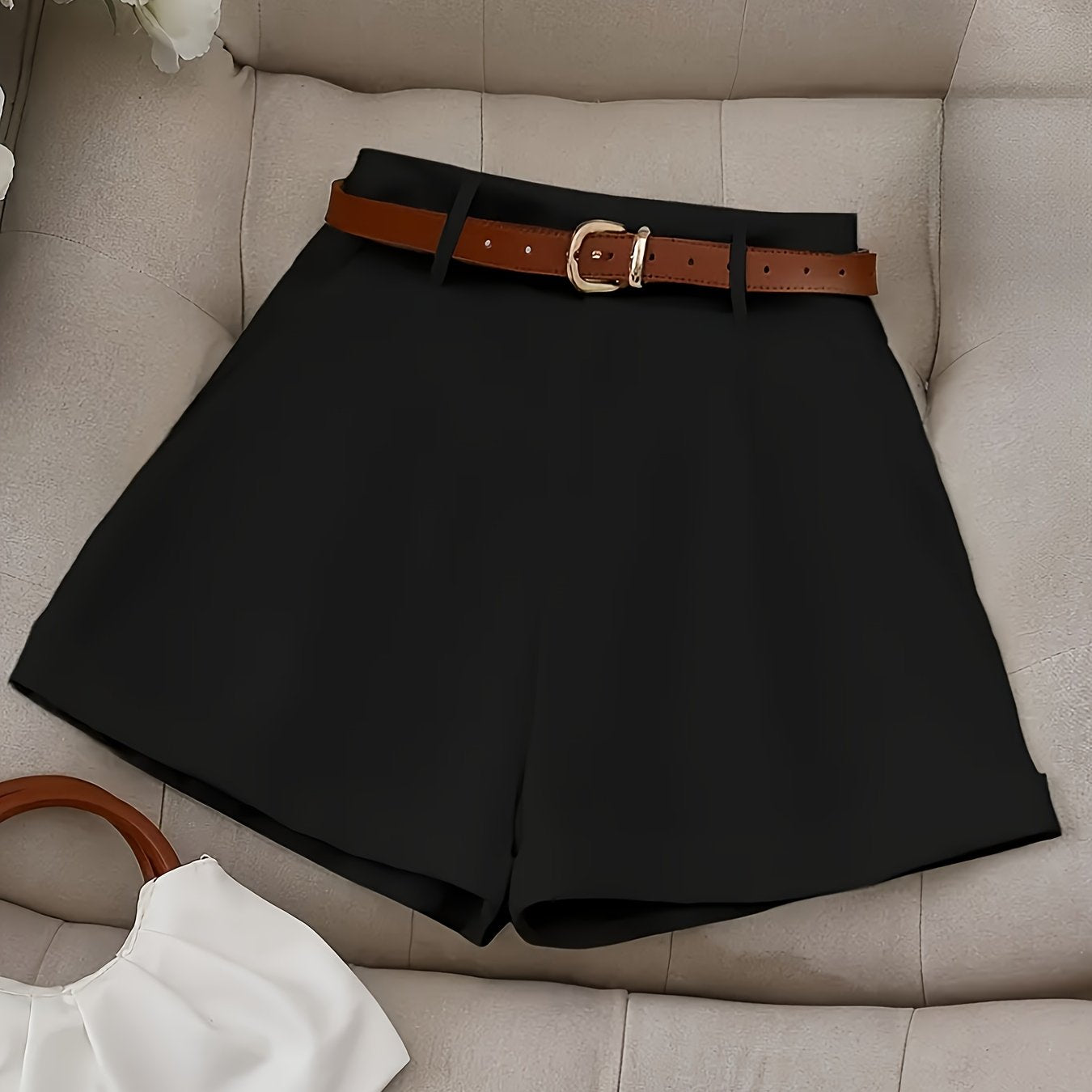 Women'S Elegant Solid Color High-Waisted Shorts - Non-Stretch Polyester, Loose Fit with Side Pockets, Perfect for Casual Spring & Summer Attire, Everyday Commute Essentials, Everyday Shorts|Casual Style|Polyester Fabric