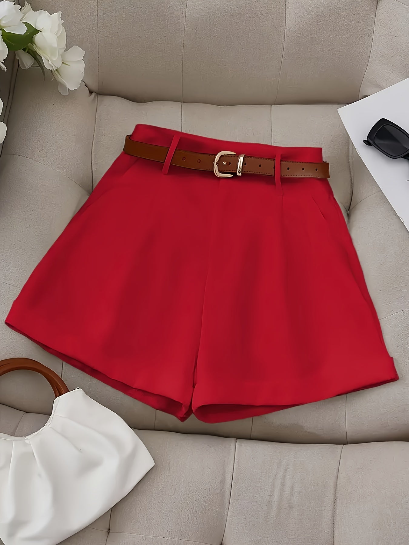 Women'S Elegant Solid Color High-Waisted Shorts - Non-Stretch Polyester, Loose Fit with Side Pockets, Perfect for Casual Spring & Summer Attire, Everyday Commute Essentials, Everyday Shorts|Casual Style|Polyester Fabric