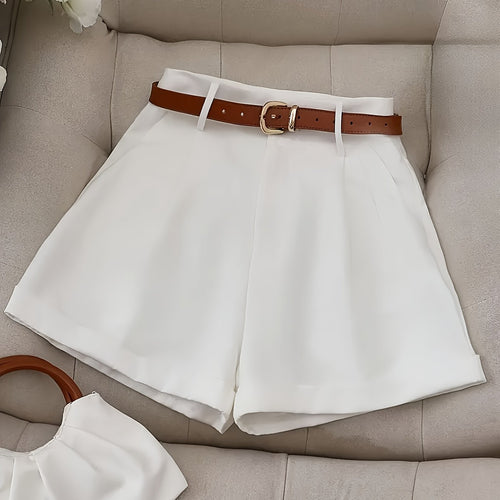 Women'S Elegant Solid Color High-Waisted Shorts - Non-Stretch Polyester, Loose Fit with Side Pockets, Perfect for Casual Spring & Summer Attire, Everyday Commute Essentials, Everyday Shorts|Casual Style|Polyester Fabric