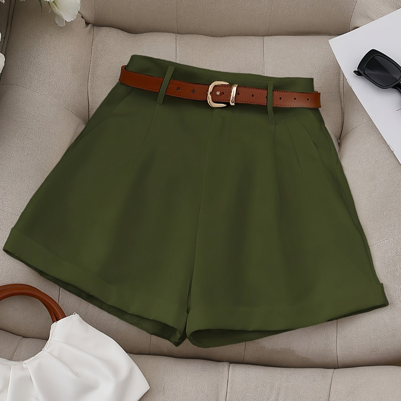 Women'S Elegant Solid Color High-Waisted Shorts - Non-Stretch Polyester, Loose Fit with Side Pockets, Perfect for Casual Spring & Summer Attire, Everyday Commute Essentials, Everyday Shorts|Casual Style|Polyester Fabric